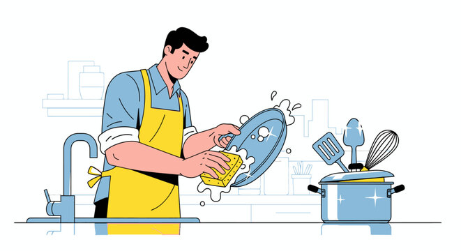 Man Wearing Apron Washing Dishes.