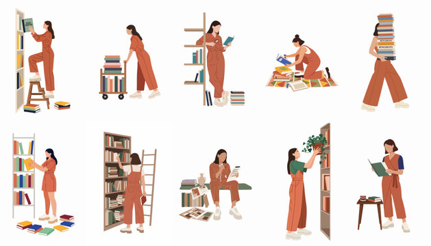 Set of flat illustrations featuring a librarian or bookseller organizing, reading, and managing books in a library or bookstore setting.