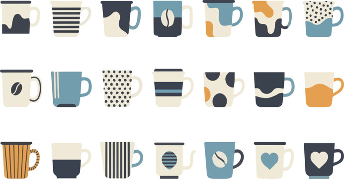 Collection of flat design coffee mugs with abstract patterns and coffee beans drink