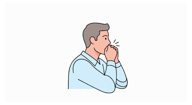 A side profile of a man with grey hair coughing into both of his hands with action lines around his mouth area.