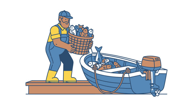 Man holding basket with fish catch.