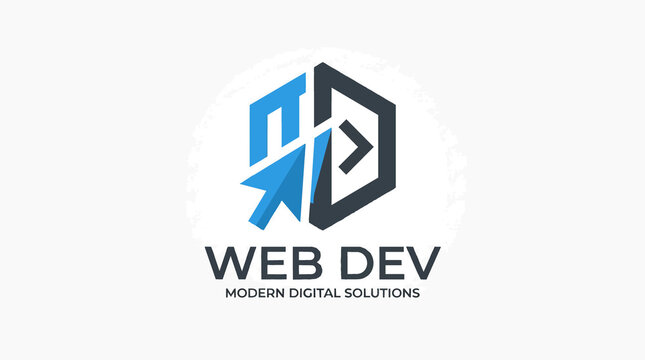 Web development logo design featuring modern digital solutions with pixelated arrow cursor and coding bracket icon in blue and black