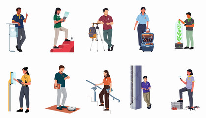 Fototapeta premium A comprehensive set of flat vector illustrations showcasing diverse students and professionals interacting with modern technology, sustainable energy, and innovative research tools.