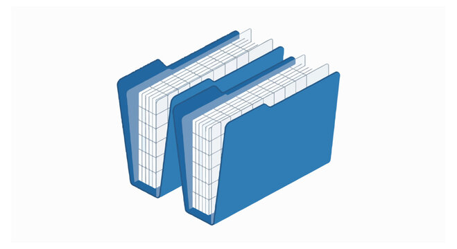 Two blue document folders filled with many sheets of white paper are shown in an isometric view on a white background.