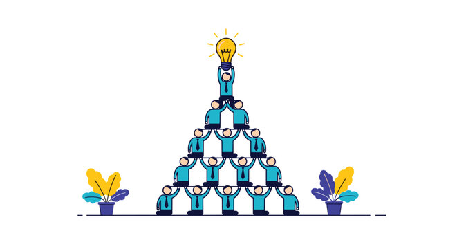 Conceptual illustration of a human pyramid of businessmen in blue shirts working together to hold up a giant glowing lightbulb.