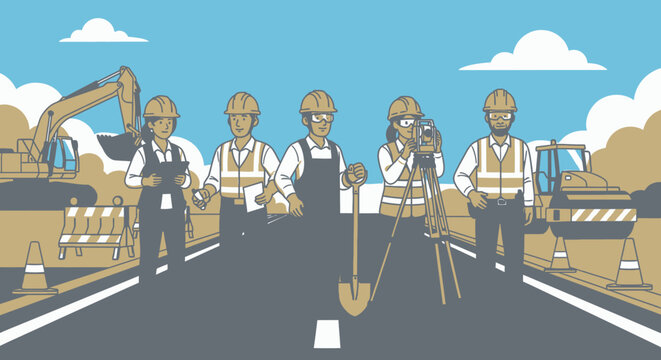 Construction workers on a road site.