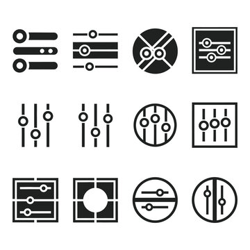 Set of black and white audio control equalizer icons  various shapes and designs icon