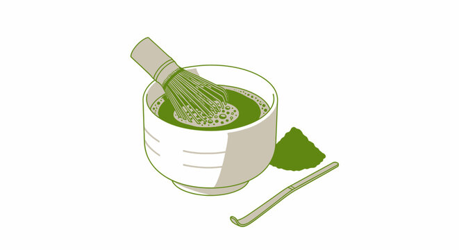 Green tea in a bowl with whisk.
