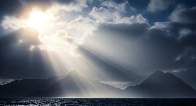 Mountains and ocean with sun rays through clouds