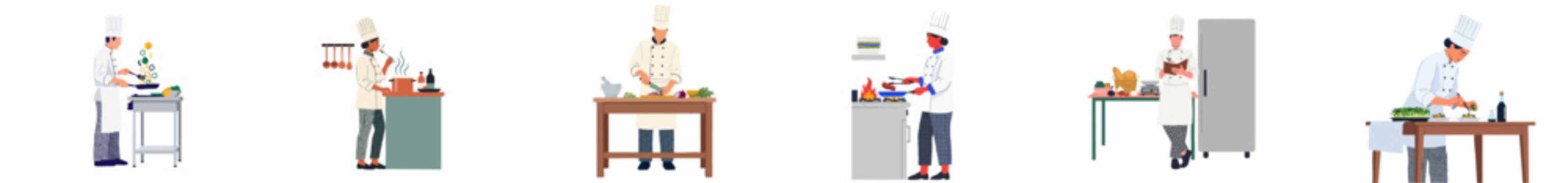 Collection of diverse professional chefs in white uniforms performing various culinary tasks like chopping, cooking, and plating, isolated on a white background.