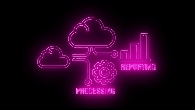 Neon pink illustration of cloud computing with processing and reporting icons on a black background.