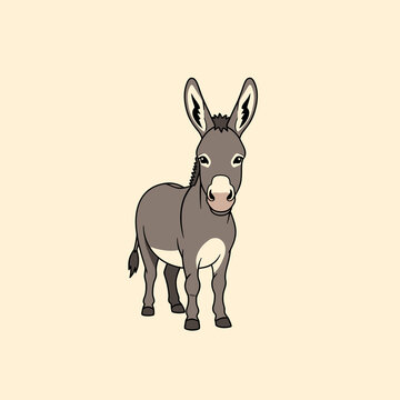 Vector illustration of a friendly gray donkey standing on a plain light cream background. This farm animal features long ears, a black mane, a short tail, and a light-colored muzzle.
