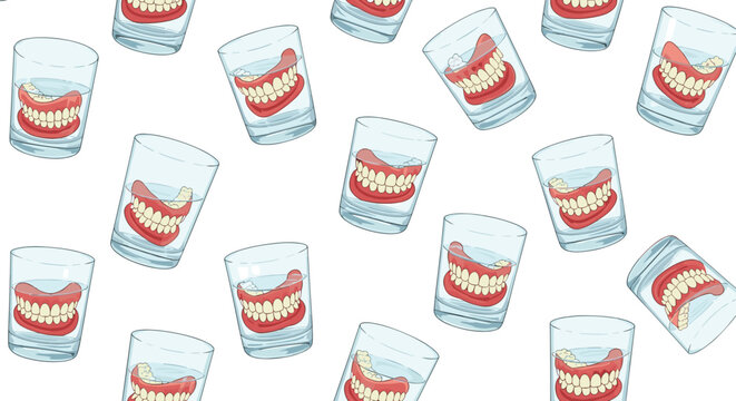 Seamless pattern of adult denture teeth soaking in glasses of water scattered across a plain white background.
