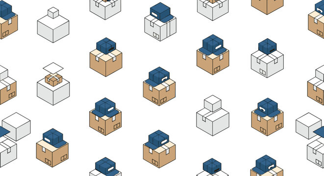 Seamless isometric pattern of brown and white cardboard delivery boxes with small blue courier hats placed on top.