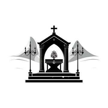 A black and white illustration of a church altar with a cross