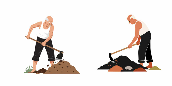 Vector illustration of an elderly man using a hoe to dig soil, shown in two different active gardening poses against a white background.