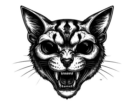 A black and white illustration of a cat's head with an open mouth