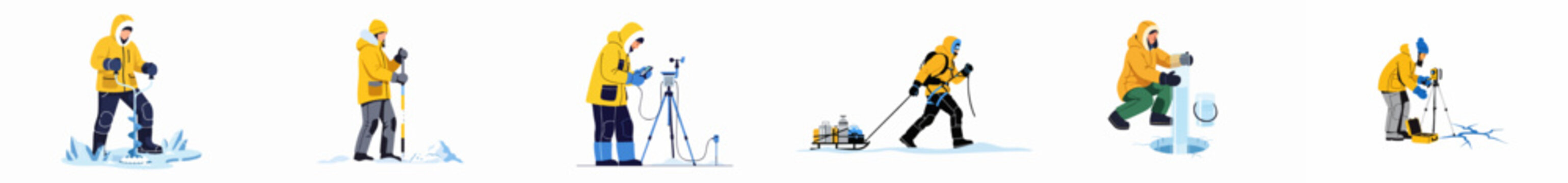 Set of flat illustrations showing arctic scientists and explorers conducting field research, ice core sampling, and weather monitoring in a polar environment.