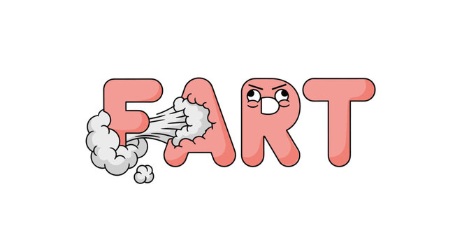 Humorous illustration of the word fart in large pink letters with a white cloud of gas coming out of the middle.