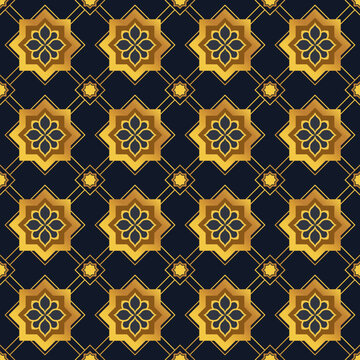 Premium luxury islamic geometric seamless pattern with gold ornament on navi background for ramadan, eid mubarak, and elegant packaging.
