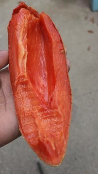 Fresh slice of mamey fruit with a visible bite