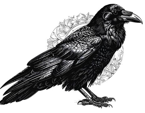 A black and white illustration of a crow (1)