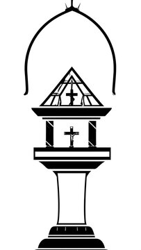 A black and white illustration of a lantern with a cross on it