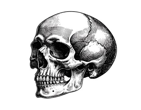 A black and white illustration of a human skull