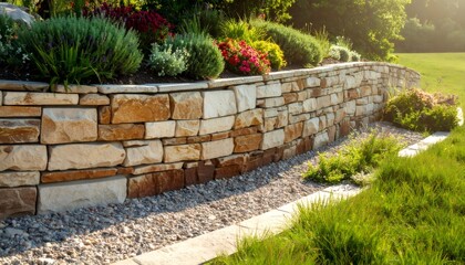 Obraz premium Stone retaining wall with landscaped garden and flagstone pathway