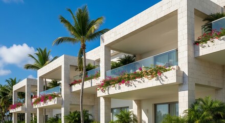 Fototapeta premium Modern Tropical Resort Architecture with Palm Trees and Balconies.