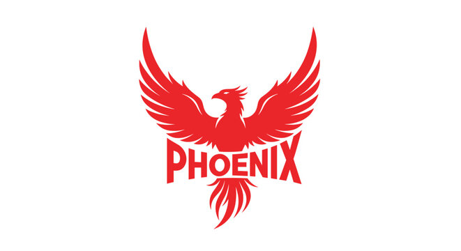 Powerful red phoenix bird with wide spread wings and a rising fire motif above a bold text logo on a clean white background for branding.