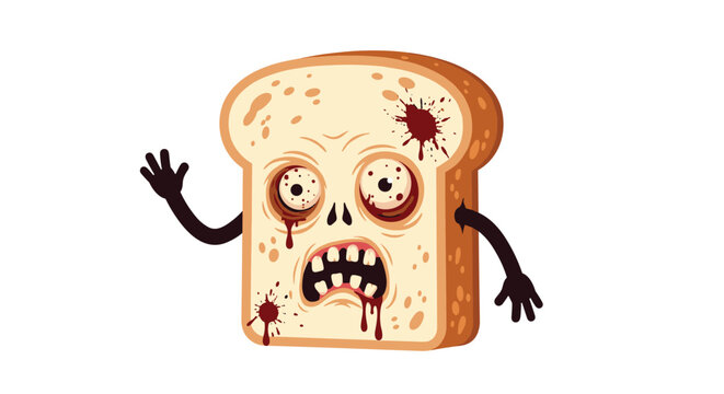 Humorous illustration of a slice of white bread turned into a zombie with green skin bulging eyes and missing teeth on a white background.