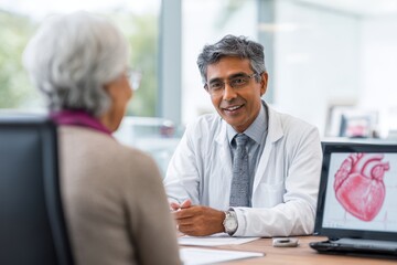 Fototapeta premium Senior patient consulting with cardiologist in bright modern clinic discussing heart health