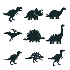 A collection of nine distinct black dinosaur and prehistoric creature silhouettes, including bipedal, quadrupedal, and flying types. © Amirul