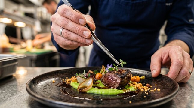 Chef plating gourmet dish with tweezers, fine dining, culinary art, restaurant food preparation