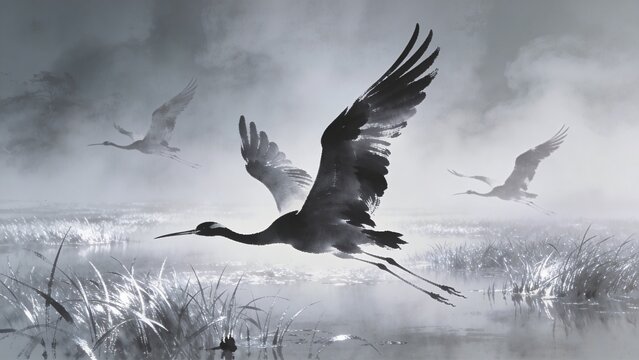 Cranes Flying Over Silver Marsh with Elongated Ink Silhouettes in Layered Misty Gracefulness