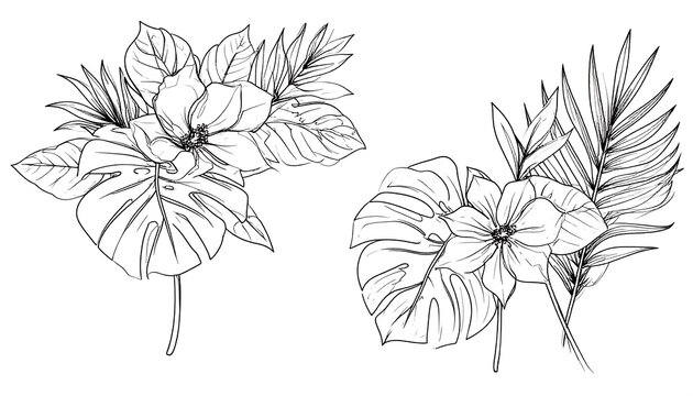 A black and white illustration of two floral arrangements