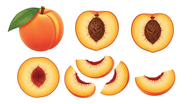 Fresh peach fruit vector set with whole half and sliced pieces realistic 3D illustration for food packaging and organic products