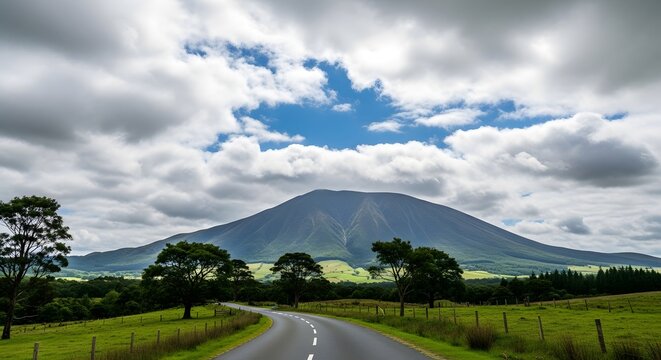 Dramatic mountain landscape with cloudy sky and winding road