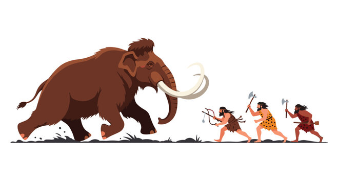 Primitive illustration of a group of cavemen armed with spears and axes hunting a large woolly mammoth on a white background.