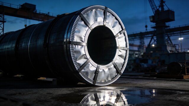 Subsea Pipeline Spool Silhouetted in Fabrication Yard at Blue Hour with Gleaming Industrial Presence