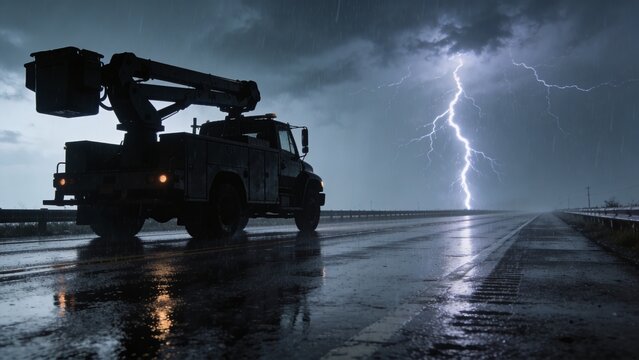 Utility Bucket Truck Silhouetted on Empty Highway During Thunderstorm with Distant Lightning and Drama