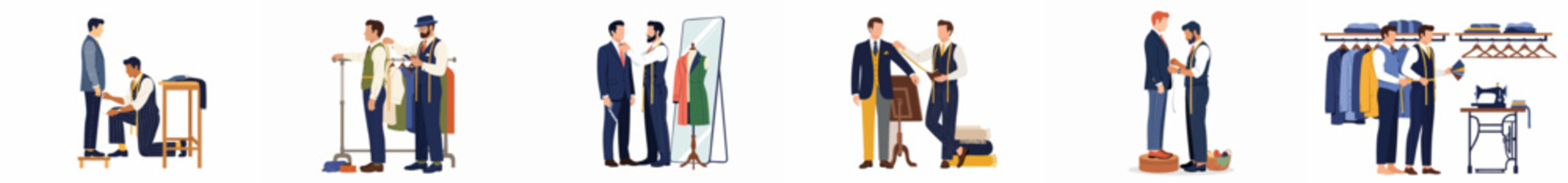 Flat vector illustration collection of professional tailors measuring and fitting bespoke suits for male clients in a stylish boutique tailor shop environment.