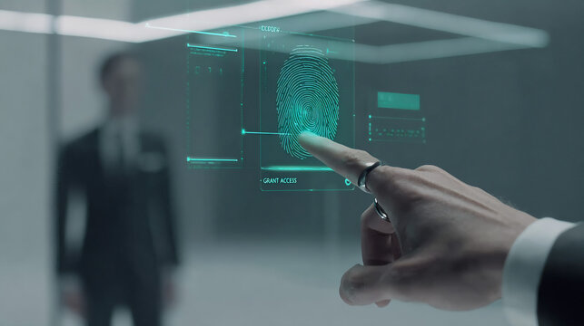 Business man using biometric digital ID scan to grant access to secure building