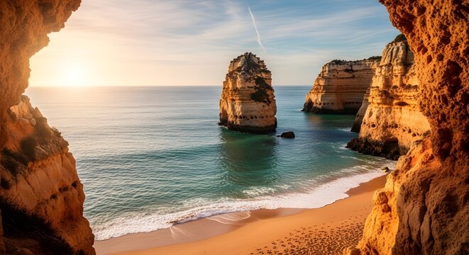 Dramatic coastal cliffs of algarve portugal at sunset a stunning natural landscape