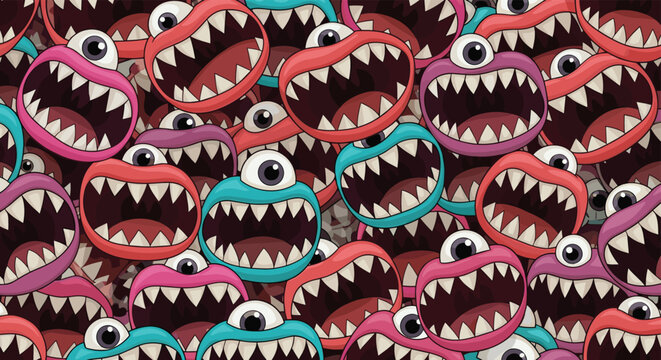 Colorful pattern of whimsical monster faces with large open mouths showing sharp teeth and a single large eye in various shades.