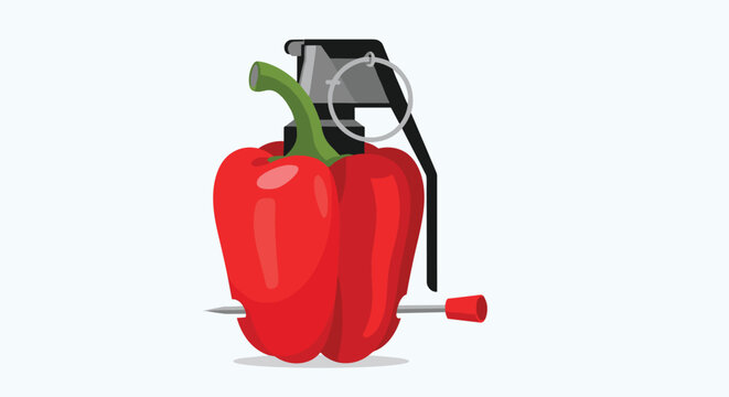 Creative concept illustration of a red bell pepper designed to look like a hand grenade with a metal pin and safety handle.