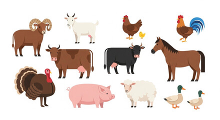 Fototapeta premium Modern Flat Farm Animals Vector Set With Minimalist Geometric Icons of Cow Pig Horse Sheep Chicken and Turkey Isolated on White Background