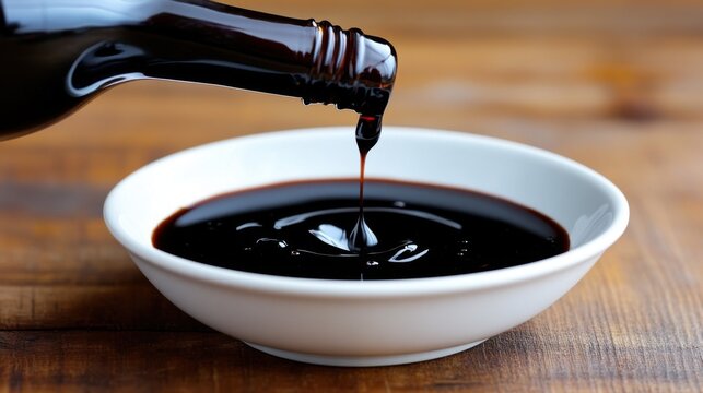 Dark Balsamic Vinegar Pouring From Bottle Into Bowl