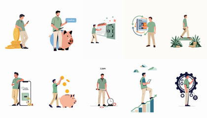 Fototapeta premium Flat vector set showing a man managing personal finances, saving in a piggy bank, using online banking apps, and tracking investment growth.